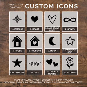 Puede incluir: Una cuadr&iacute;cula de doce iconos negros sobre cuadrados gris claro etiquetados con n&uacute;meros y nombres: 1. Compass, 2. Heart, 3. Hand Drawn Heart, 4. Infinity, 5. House, 6. House V2, 7. Moon, 8. Hand Drawn Star, 9. Filled Star, 10. Leaf, 11. Double Hearts, 12. Flower.