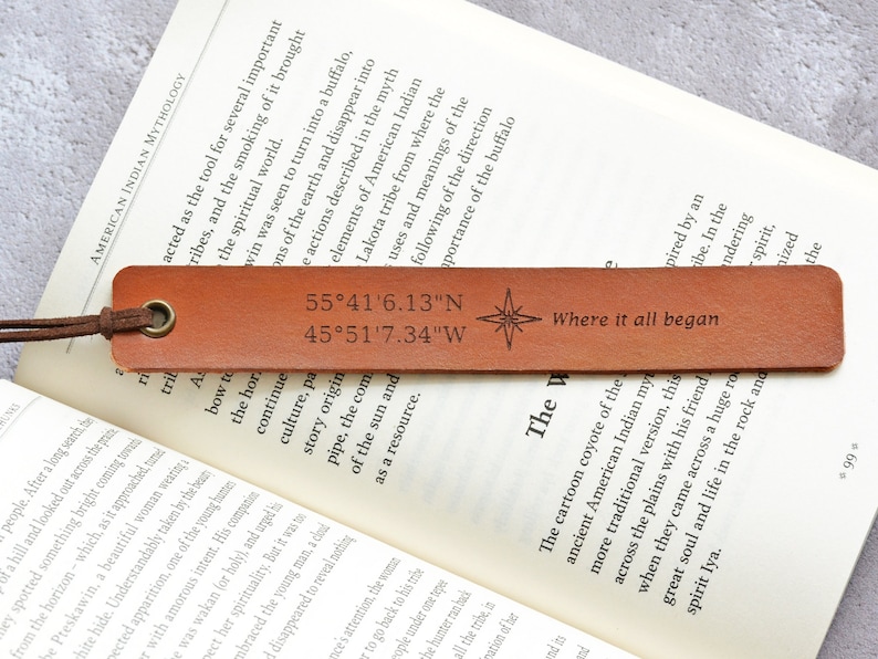 Personalised Leather Bookmark, Custom Coordinates Bookmark, 3rd Anniversary Gift, Birthday Gift for Boyfriend Husband image 2