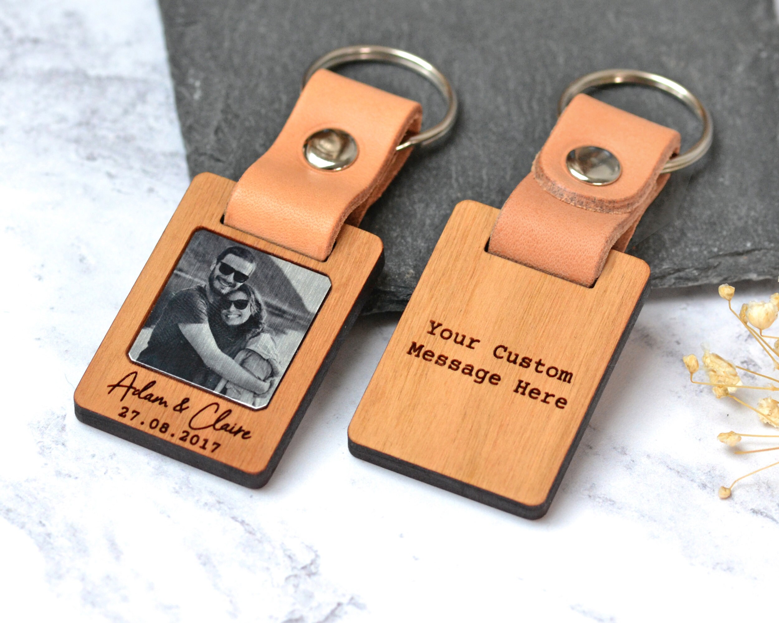 Personalised Photo Keyring, Wood Fifth Anniversary Gift, Valentine&#39;s Day Gift for Boyfriend Husband, Leather Keychain, Calendar Keyring