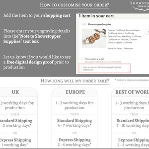 May include: A graphic showing how to customise an order and estimated shipping times for the United Kingdom, Europe, and the Rest of the World. The graphic includes a note to Showstopper Supplies, a text box for adding a note, and a checkbox for marking an order as a gift.