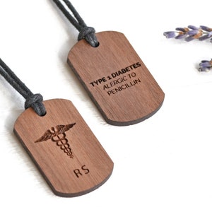 Medische waarschuwingsketting, medische ketting voor heren, ketting voor diabetici, medische ID-ketting heren of dames, houten ketting medische sieraden Allergie