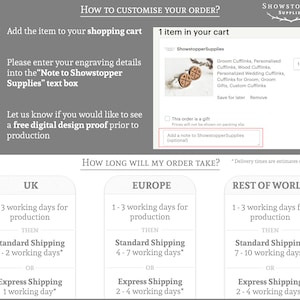 Puede incluir: Un gr&aacute;fico que muestra c&oacute;mo personalizar un pedido y los tiempos de env&iacute;o estimados para el Reino Unido, Europa y el resto del mundo. El gr&aacute;fico incluye una nota para Showstopper Supplies, un cuadro de texto para agregar una nota y una casilla de verificaci&oacute;n para marcar un pedido como un regalo.