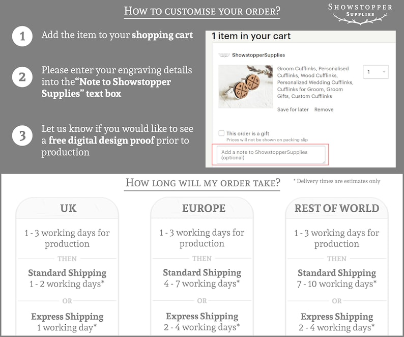 Puede incluir: Un gr&aacute;fico que muestra c&oacute;mo personalizar un pedido y los tiempos de env&iacute;o estimados para el Reino Unido, Europa y el resto del mundo. El gr&aacute;fico incluye una nota para Showstopper Supplies, un cuadro de texto para agregar una nota y una casilla de verificaci&oacute;n para marcar un pedido como un regalo.