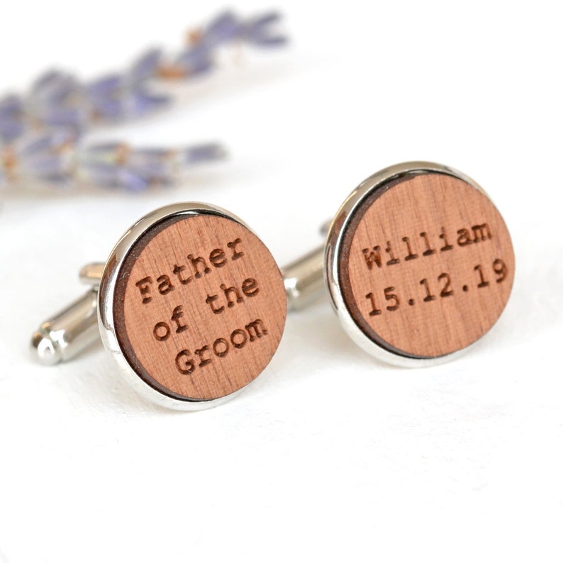 Father of the Groom Cufflinks, Personalised Father of the Bride Cufflinks, Wedding Date Wood Engraved Cufflinks, Rustic Wedding Gift for Dad image 1