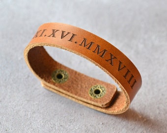 Personalised Mens Bracelet, Custom Leather Bracelet, Roman Numerals Bracelet, Third Anniversary Gift for Him or Her, Engraved Cuff Bracelet