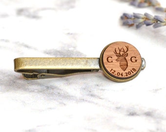 Deer Stag Engraved Initials and Date Tie Clip - Personalized Tie Bar - Wedding - Groom - Groomsmen - Gift - 5th Anniversary Tie Bar