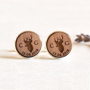 Stag Cufflinks, Groomsmen Cufflinks, Rustic Wood Cufflinks, Rustic Wedding, Deer Cufflinks, Woodland Wedding Personalized Wedding Cufflinks Silver - Walnut Wood