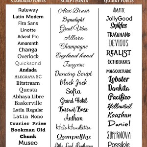 K&ouml;nnte beinhalten: Eine Schriftartenbibliothek mit Standard-, Schrift- und ausgefallenen Schriftarten. Die Schriftarten werden in einem Rasterformat mit Namen wie "Raleway", "Alex Brush" und "Amatic" angezeigt. Der Text "Font Library" steht oben, mit dem Logo von Showstopper Supplies.