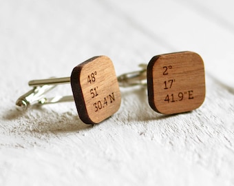 Custom Coordinate Cufflinks 5th Anniversary Gift - Fifth Anniversary Cufflinks Wood - Gift For Him - Gift For Groom Location Coordinate Gift