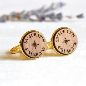 Compass Cufflinks, Custom Coordinate Cufflinks, Personalised Cufflinks, Custom Coordinates Gift For Him, Wood Anniversary Gifts for Him image 3