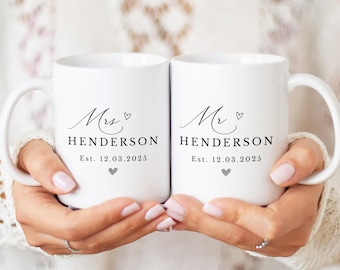 Personalised Mr & Mrs Mugs, Personalised Newly Married Couples Newlyweds Mug Set, Anniversary Wedding Gift, Matching Mug Set