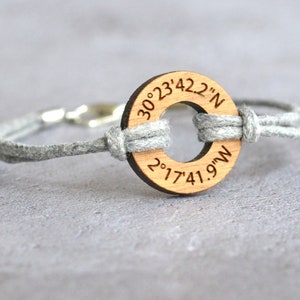 Custom Coordinates Bracelet, Personalised Mens Bracelet, Wood Anniversary Bracelet, Washer Bracelet, Valentine's Day Gift for Him Her