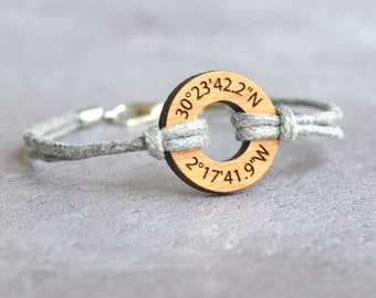 Custom Coordinates Bracelet, Personalised Mens Bracelet, Wood Anniversary Bracelet, Washer Bracelet, Valentine's Day Gift for Him Her