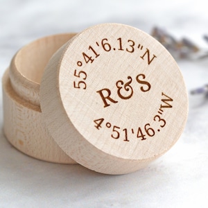 Personalised Ring Box, Custom Wedding Ring Box, Rustic Wood Ring Box, Coordinates Gift, Proposal Engagement Box, Coordinates Wedding Gift image 1