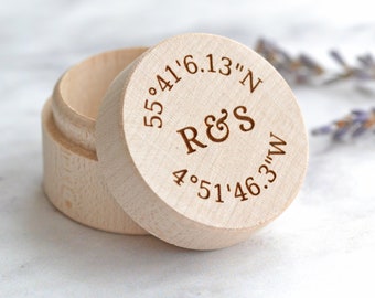 Personalised Ring Box, Custom Wedding Ring Box, Rustic Wood Ring Box, Coordinates Gift, Proposal Engagement Box, Coordinates Wedding Gift