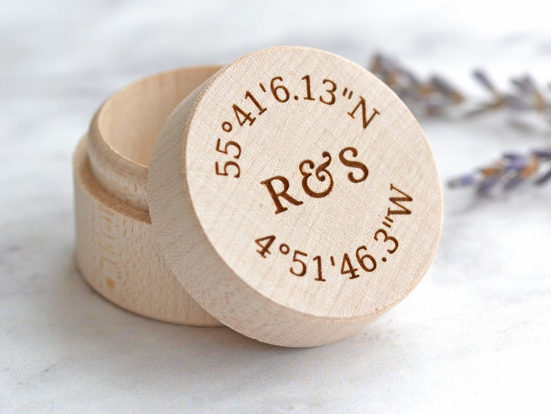 Personalised Ring Box, Custom Wedding Ring Box, Rustic Wood Ring Box, Coordinates Gift, Proposal Engagement Box, Coordinates Wedding Gift image 1