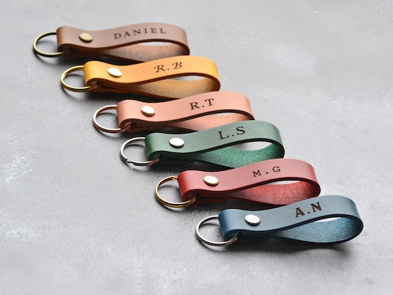 Personalised Leather Keyring, Engraved Initials Keychain, Custom
