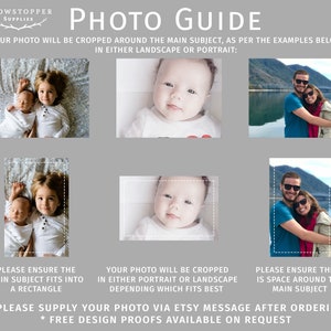 Puede incluir: Un gr&aacute;fico informativo gris titulado PHOTO GUIDE de Showstopper Supplies. Muestra tres ejemplos de fotograf&iacute;as de personas y beb&eacute;s con superposiciones rectangulares discontinuas, ilustrando c&oacute;mo se recortar&aacute;n las fotos.