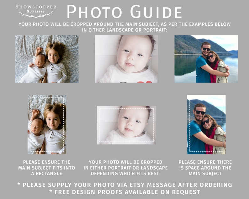 Puede incluir: Un gr&aacute;fico informativo gris titulado PHOTO GUIDE de Showstopper Supplies. Muestra tres ejemplos de fotograf&iacute;as de personas y beb&eacute;s con superposiciones rectangulares discontinuas, ilustrando c&oacute;mo se recortar&aacute;n las fotos.