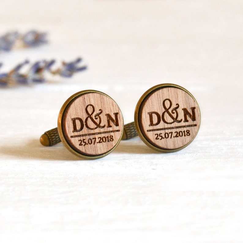 Personalized Wedding Cufflinks, Fifth Anniversary Gift for Him, Mens Wood Anniversary Gift, Wedding Cufflinks, Custom Wood Cufflinks Bronze