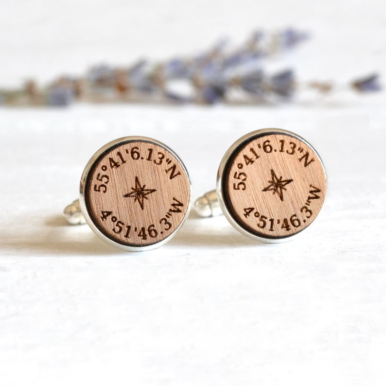 Compass Cufflinks, Custom Coordinate Cufflinks, Personalised Cufflinks, Custom Coordinates Gift For Him, Wood Anniversary Gifts for Him image 2