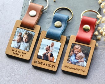 Personalised Grandad Keyring, Photo Keychain Gift for Grandad Grandparents, Grandpa Gift, Birthday Gift, Leather and Wood Keyring