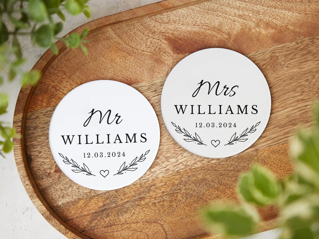 Personalised Mr & Mrs Ceramic Coaster Set, Couples Wedding Gift With Surname Wedding Date, Anniversary Gift, Newlyweds Bridal... 