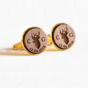 Stag Cufflinks, Groomsmen Cufflinks, Rustic Wood Cufflinks, Rustic Wedding, Deer Cufflinks, Woodland Wedding Personalized Wedding Cufflinks Gold - Walnut Wood