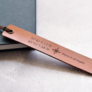 Personalised Leather Bookmark, Custom Coordinates Bookmark, 3rd Anniversary Gift, Birthday Gift for Boyfriend Husband