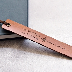 Personalised Leather Bookmark, Custom Coordinates Bookmark, 3rd Anniversary Gift, Birthday Gift for Boyfriend Husband image 1