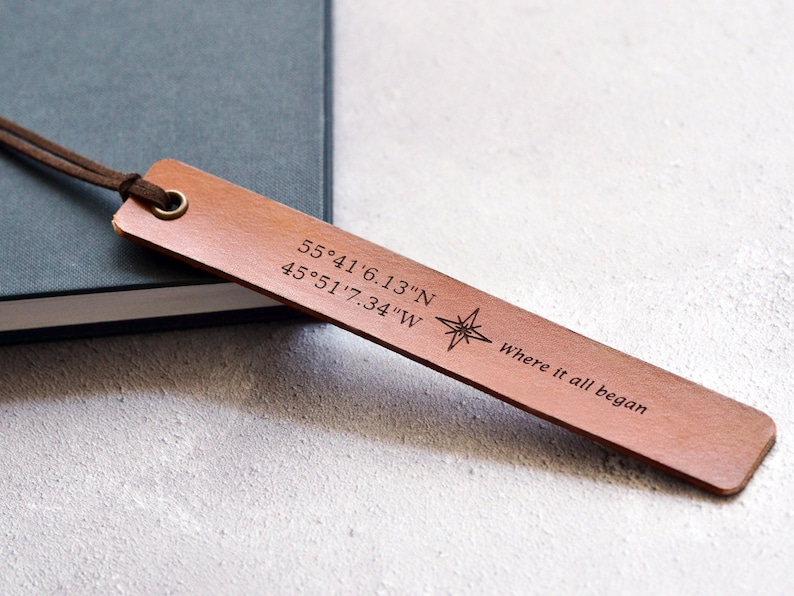 Personalised Leather Bookmark, Custom Coordinates Bookmark, 3rd Anniversary Gift, Birthday Gift for Boyfriend Husband image 1