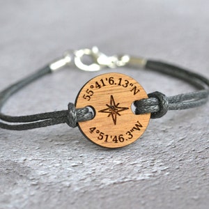 Custom Coordinates Bracelet, Personalised Valentine&#39;s Day Gift for Him Her, Boyfriend Girlfriend Gift, Engraved Wood Bracelet