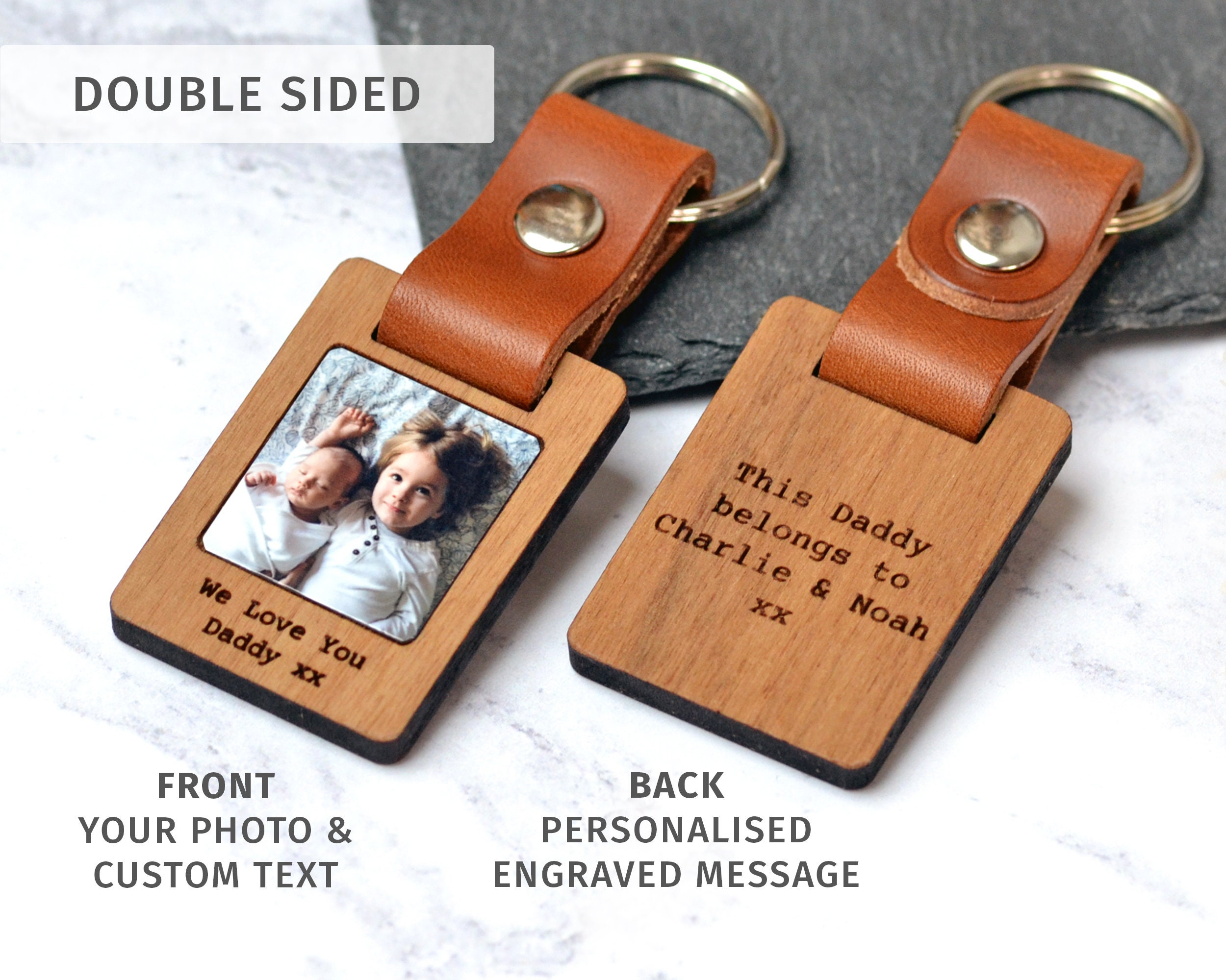 Personalised Photo Keyring, Wood Fifth Anniversary Gift, Valentine&#39;s Day Gift for Boyfriend Husband, Leather Keychain, Calendar Keyring