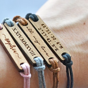 Pulseira personalizada, pulseira masculina e feminina, presente de aniversário personalizado para ele e ela, pulseira de cordão, pulseira de madeira personalizada