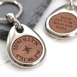 Custom Coordinates Keyring, 5th Anniversary Gift for Him, Wood Keychain, Compass Keychain, Personalised Gift for Him