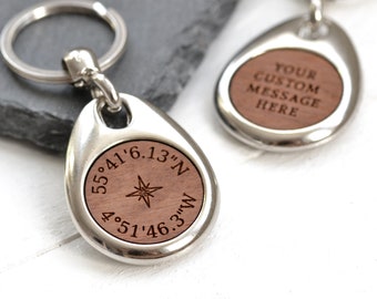 Custom Coordinates Keyring, 5th Anniversary Gift for Him, Wood Keychain, Compass Keychain, Personalised Gift for Him