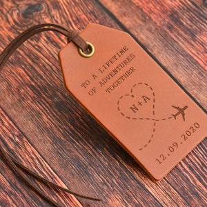 Custom Leather Luggage Tag, Personalised Leather Anniversary Gift, Personalised Gift for Him or Her, Wedding Gift, Travel Gift for Couple image 1
