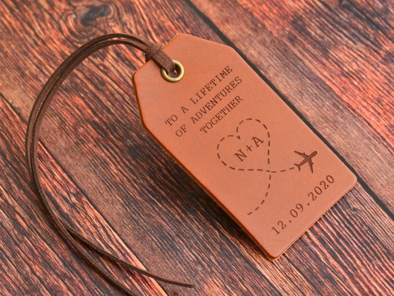 Custom Leather Luggage Tag, Personalised Leather Anniversary Gift, Personalised Gift for Him or Her, Wedding Gift, Travel Gift for Couple image 1