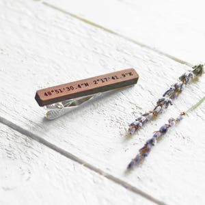 Personalised Wood Tie Clip, Custom Coordinates Tie Bar, Wedding Gifts for Groom, Wedding Tie Clip, 5th Anniversary Gift for Him image 4