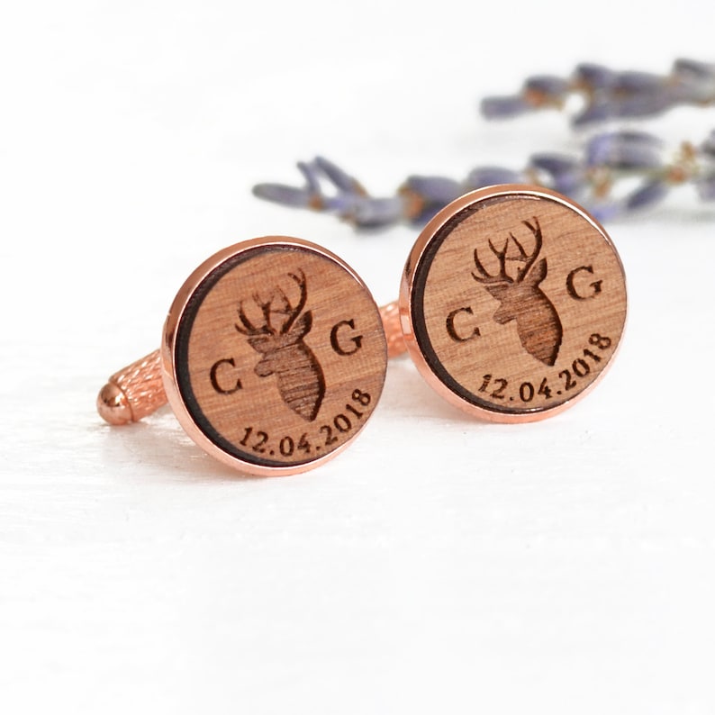 Stag Cufflinks, Groomsmen Cufflinks, Rustic Wood Cufflinks, Rustic Wedding, Deer Cufflinks, Woodland Wedding Personalized Wedding Cufflinks Rose Gold- Walnut