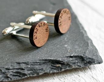 Custom Coordinates Gift For Him, Coordinate Cufflinks, 5th Anniversary Gift, Fifth Wood Anniversary Present, Latitude Longitude Cufflinks