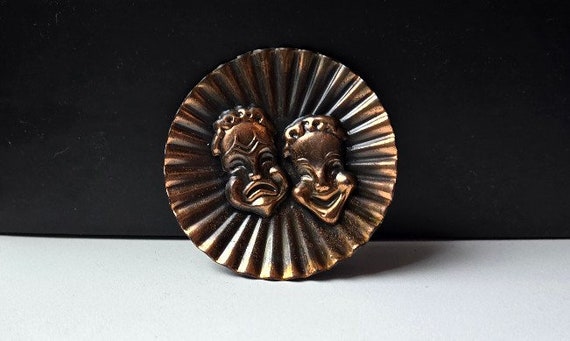 Vintage Copper Tragedy Comedy Thespian Brooch - image 2