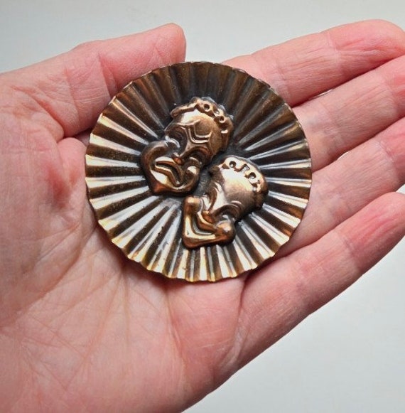 Vintage Copper Tragedy Comedy Thespian Brooch - image 1