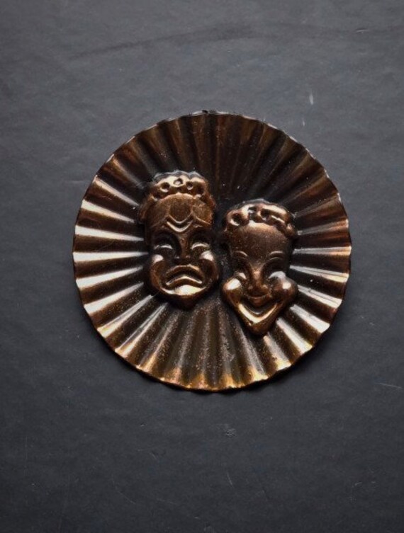 Vintage Copper Tragedy Comedy Thespian Brooch - image 3