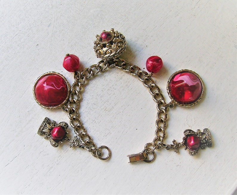 Vtg 1950s Red Charm Bracelet