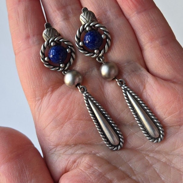 Vintage Clip-on Dangle Earrings Blue Silver