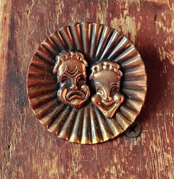 Vintage Copper Tragedy Comedy Thespian Brooch - image 4