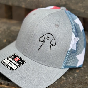 Può includere: Cappellino da baseball grigio e blu con un motivo a stelle bianche sul retro. La parte anteriore del cappello presenta un contorno ricamato nero di una testa di cane. Il cappello ha una cinghia regolabile Richardson 112.
