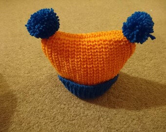 Hand Knitted Child Hat - Orange and Blue (0-3 months)