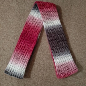 Hand Knitted Stripe Scarf - pink, grey and white